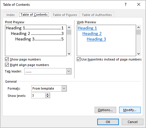 Modify in Table of Figures in Word 365