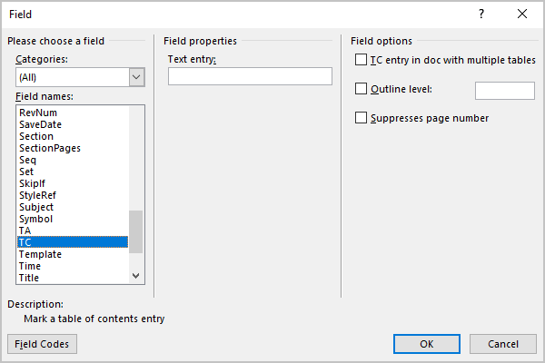 Field dialog box in Word 365