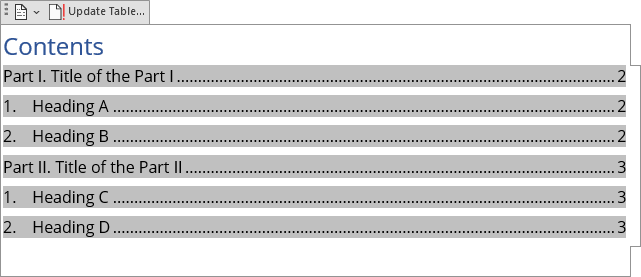 Table of Contents - formatted blocks 1 in Word 365