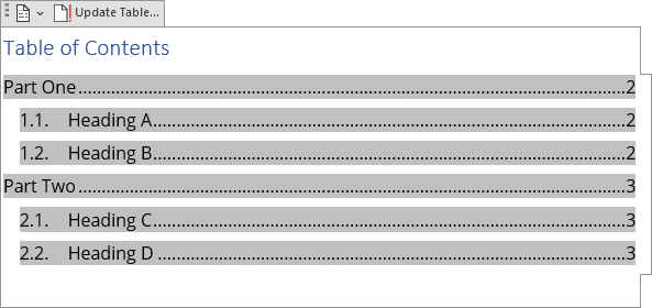 Table of Contents - formatted blocks 1 in Word for Microsoft 365 Table of Contents - formatted blocks 1 in Word 365