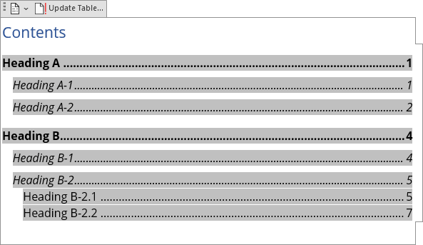 create table of contents in word office 365