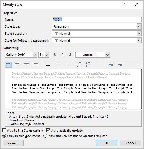 Modify Style dialog box in Word 365