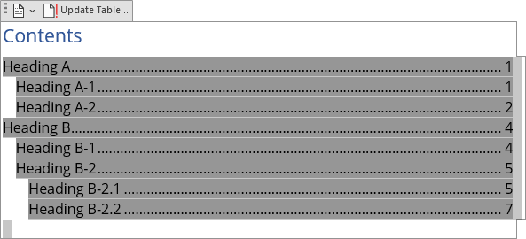 Selected Table of Contents in field Word 365