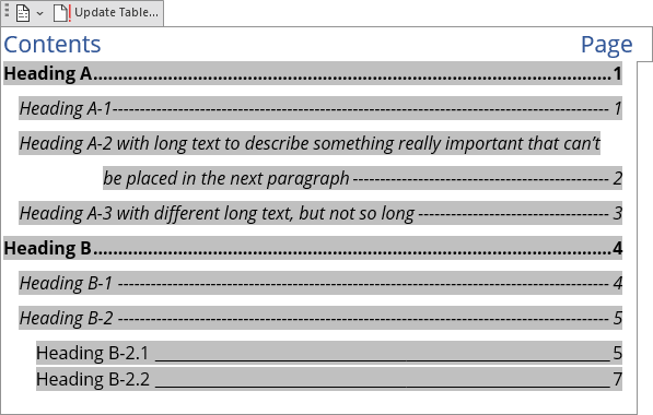 Custom Table of Contents in Word 365