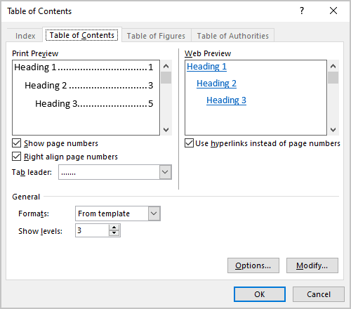 Table of Contents dialog box in Word for Microsoft 365 Table of Contents dialog box in Word 365