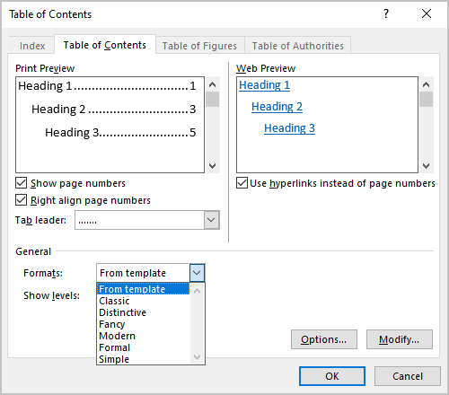 Formats in Table of Contents dialog box Word 365