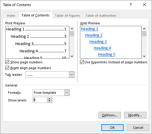 Show levels in Table of Contents dialog box Word 365