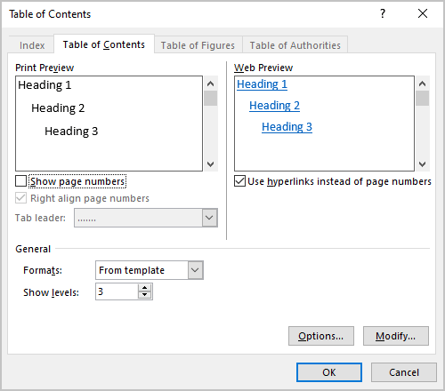 Show page numbers in Table of Contents dialog box Word 365