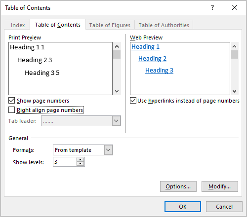 Right align page numbers in Table of Contents dialog box Word 365
