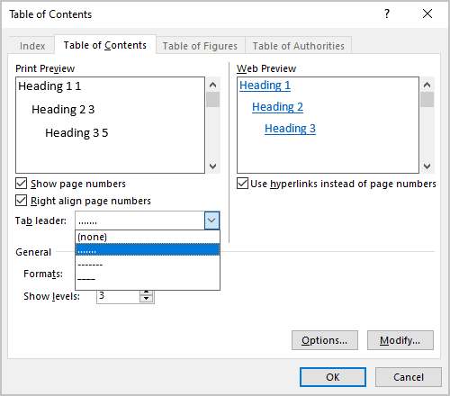 Tab leader in Table of Contents Word 365