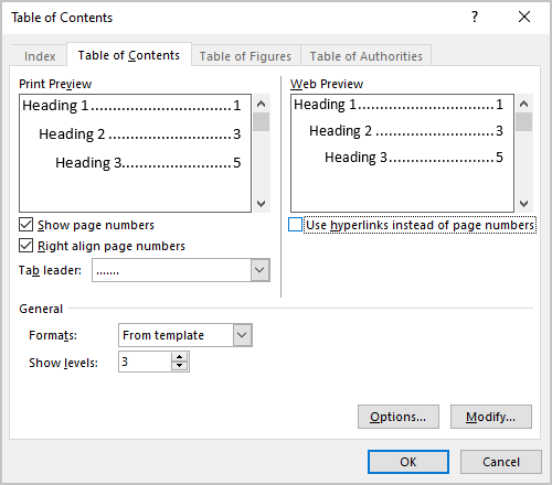 Web Preview in Table of Contents Word 365
