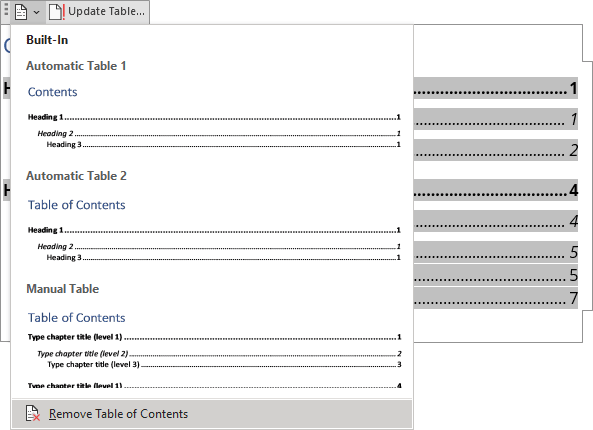 Remove Table of Contents in field Word 365