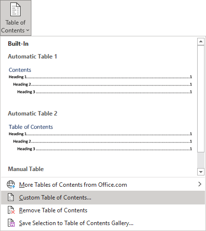 Custom Table of Contents in Word 365