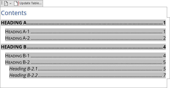 Formal format for Table of Contents Word 365