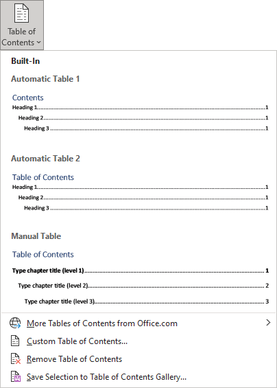 Insert Table of Contents in Word 365