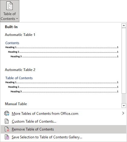 Remove Table of Contents in Word 365