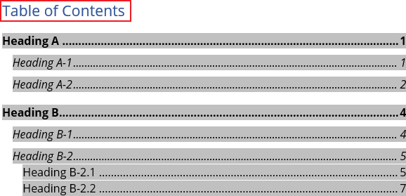 Title for Table of Contents in Word 365