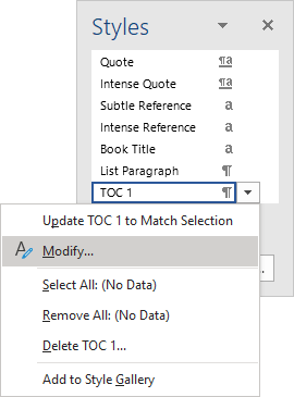 Modify in Styles pane Word for Microsoft 365 Modify in Styles pane Word 365