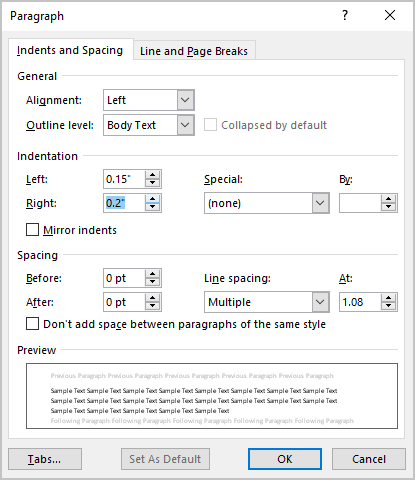 Paragraph dialog box in Word for Microsoft 365 Paragraph dialog box in Word 365