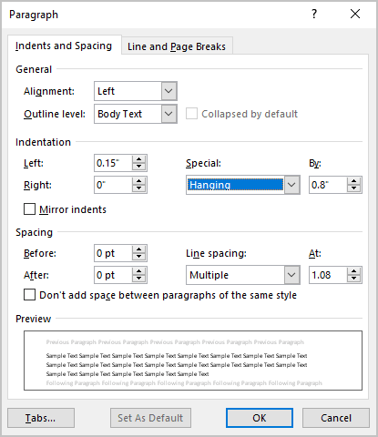 Paragraph dialog box in Word 365