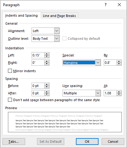 Paragraph dialog box in Word for Microsoft 365 Paragraph dialog box in Word 365