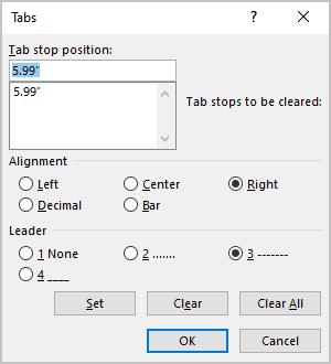 Tabs dialog box in Word 365