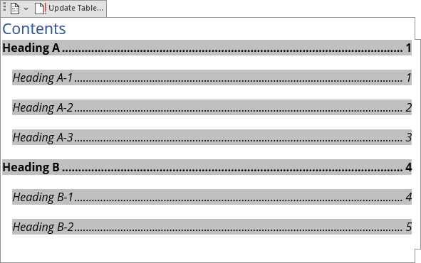 Example double line spacing Table of Contents in Word 365