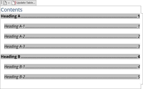 Example double line spacing Table of Contents in Word for Microsoft 365 Example double line spacing Table of Contents in Word 365