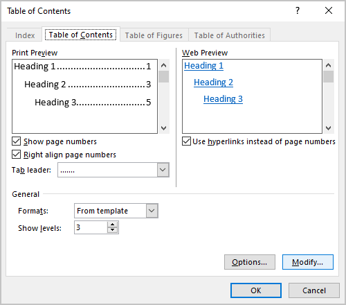 Modify button in Table of Contents Word for Microsoft 365 Modify button in Table of Contents Word 365