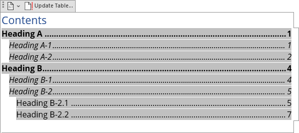 Simple format for Table of Contents in Word 365