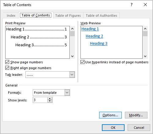 Options button in Table of Contents dialog box Word 365