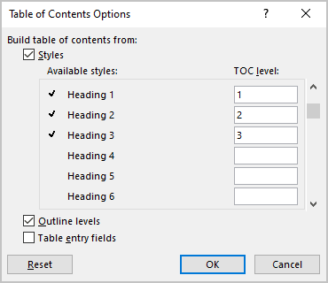 Table of Contents Options dialog box in Word for Microsoft 365 Table of Contents Options dialog box in Word 365