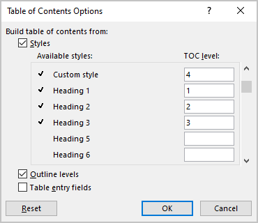 Table of Contents Options dialog box in Word for Microsoft 365 Table of Contents Options dialog box in Word 365