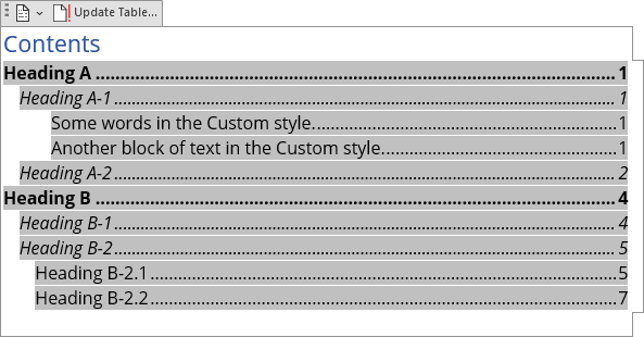 Custom Table of Contents in Word 365