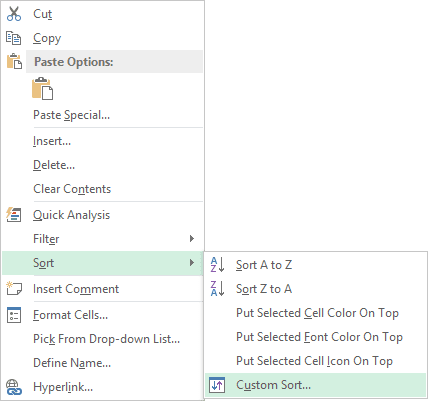Custom Sort in Excel 2013 popup