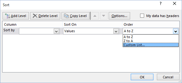 Sort dialog box in Excel 2016