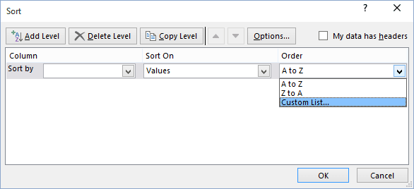 Sort dialog box in Excel 2016 Sort dialog box in Excel 2016