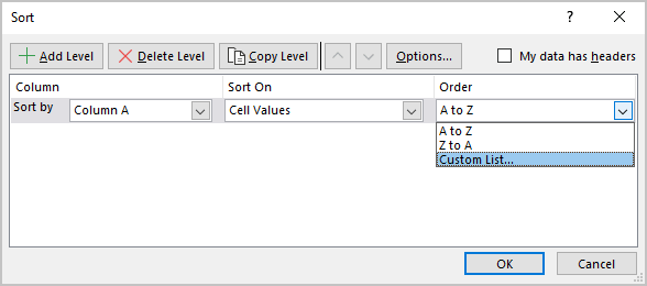 Sort dialog box in Excel 365