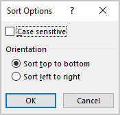 Sort Options in Excel 365 popup