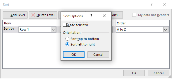 Sort left to right in Excel 365 popup