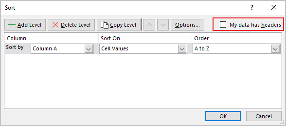 My data has headers in Sort dialog box Excel 365