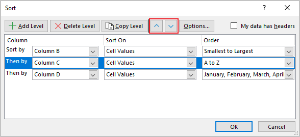 Change the order in Sort dialog box Excel 365