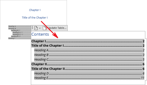 Two lined headings in Table of Contents Word 365