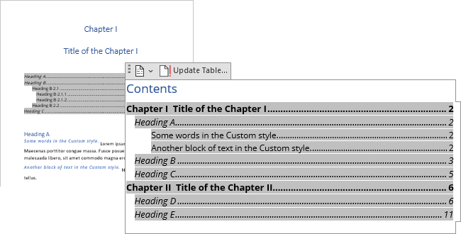 Include parts in Table of Contents Word 365