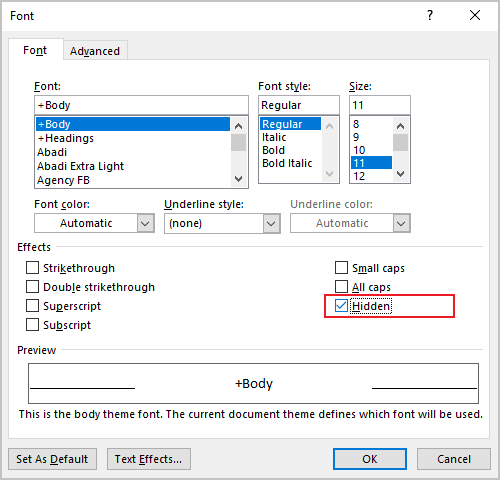 Hidden in Font dialog box Word 365