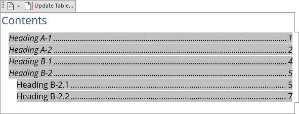 Example Table of Contents with \o switch in Word 365