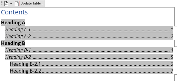 Example 2 Table of Contents with \n switch in Word 365