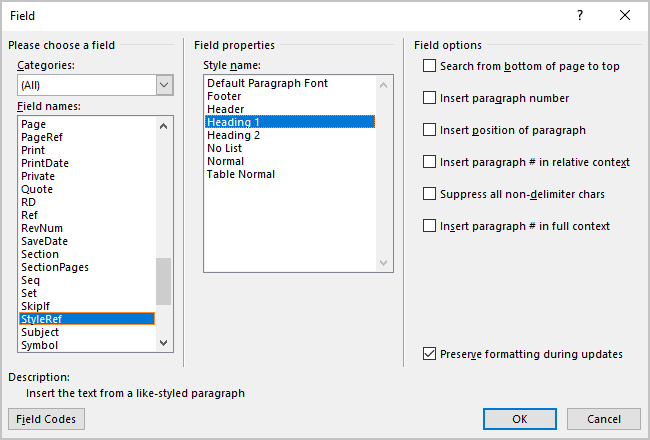 Field StyleRef in Word 365