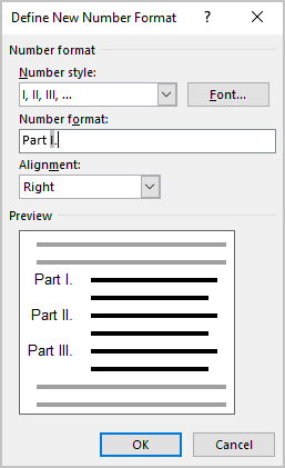 Example in Define New Number Format dialog box Word 365