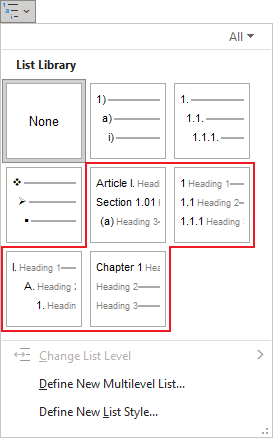 Multilevel list for headings in Word 365